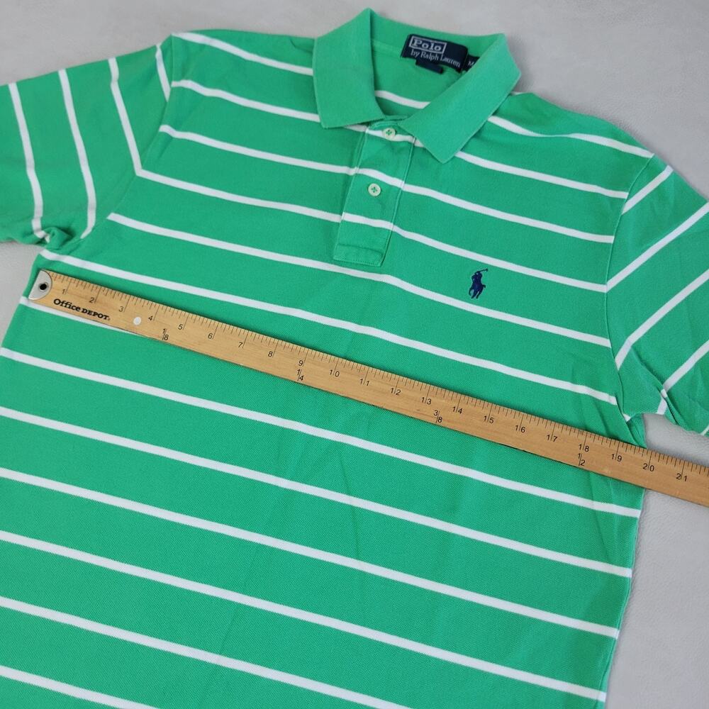Vtg 90s Mens Ralph Lauren Polo Shirt Medium Green White Striped Short Sleeve - Picture 7 of 8